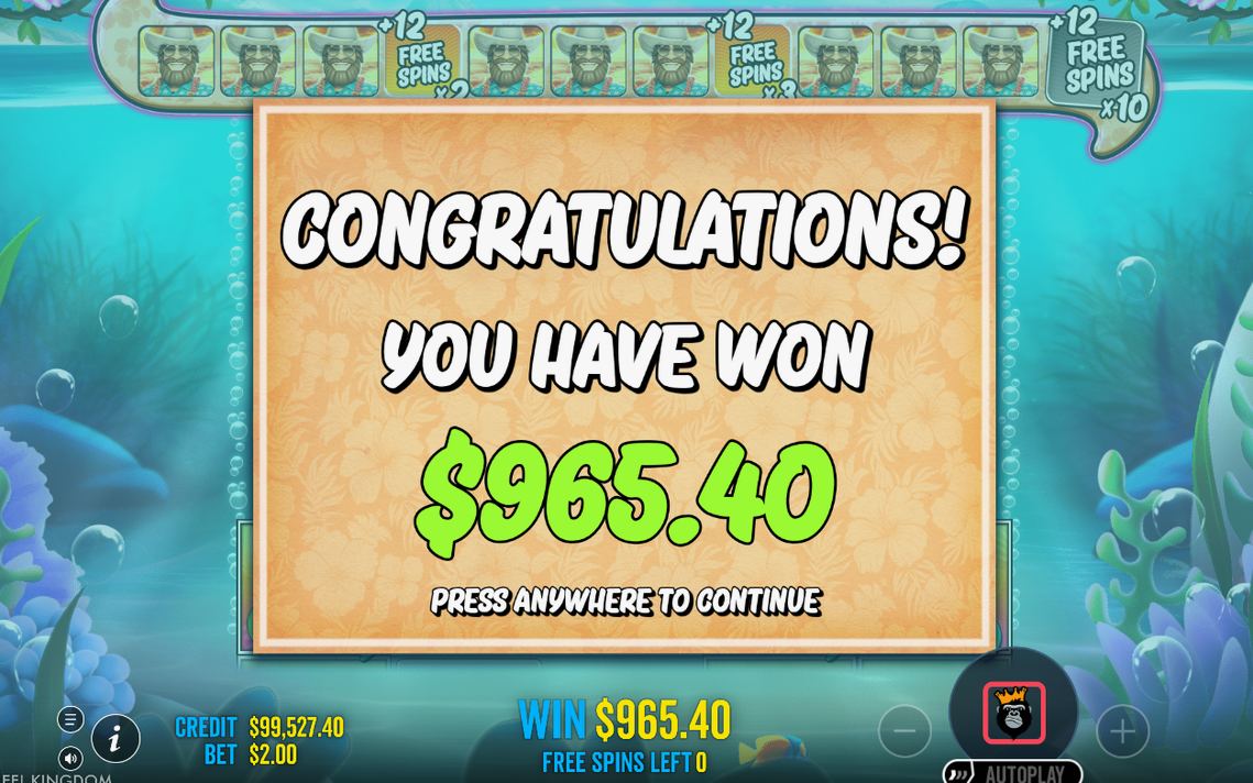 Win screen showing the money total for the spin
